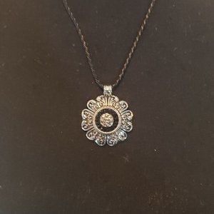 Ginger Snap Black Braided Chord with a Silver toned and Black Medallion Necklace